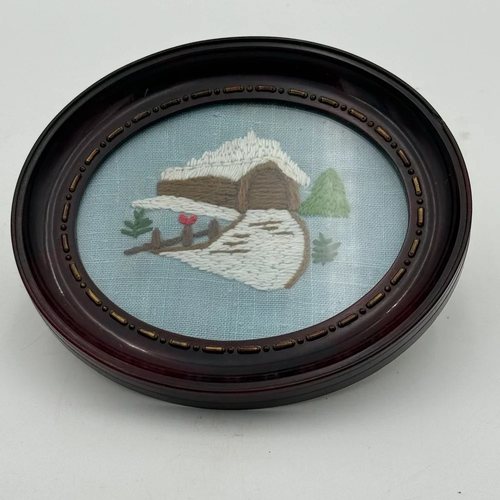 Vintage Handmade Needlepoint Winter Scene Snow Bridge Oval Framed Art 6x5